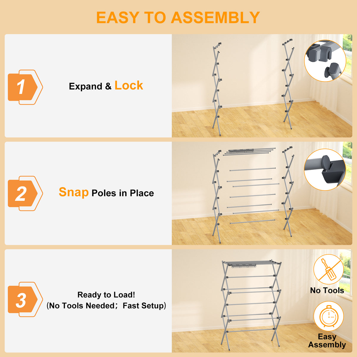 3-Tier Foldable Clothes Drying Rack, Portable Metal Drying Rack Clothing, Collapsible Laundry Drying Rack, Antirust Clothing Rack for Indoor Outdoor Air Drying, 13.4" D x 28.7" W x 45.7" H, Gray