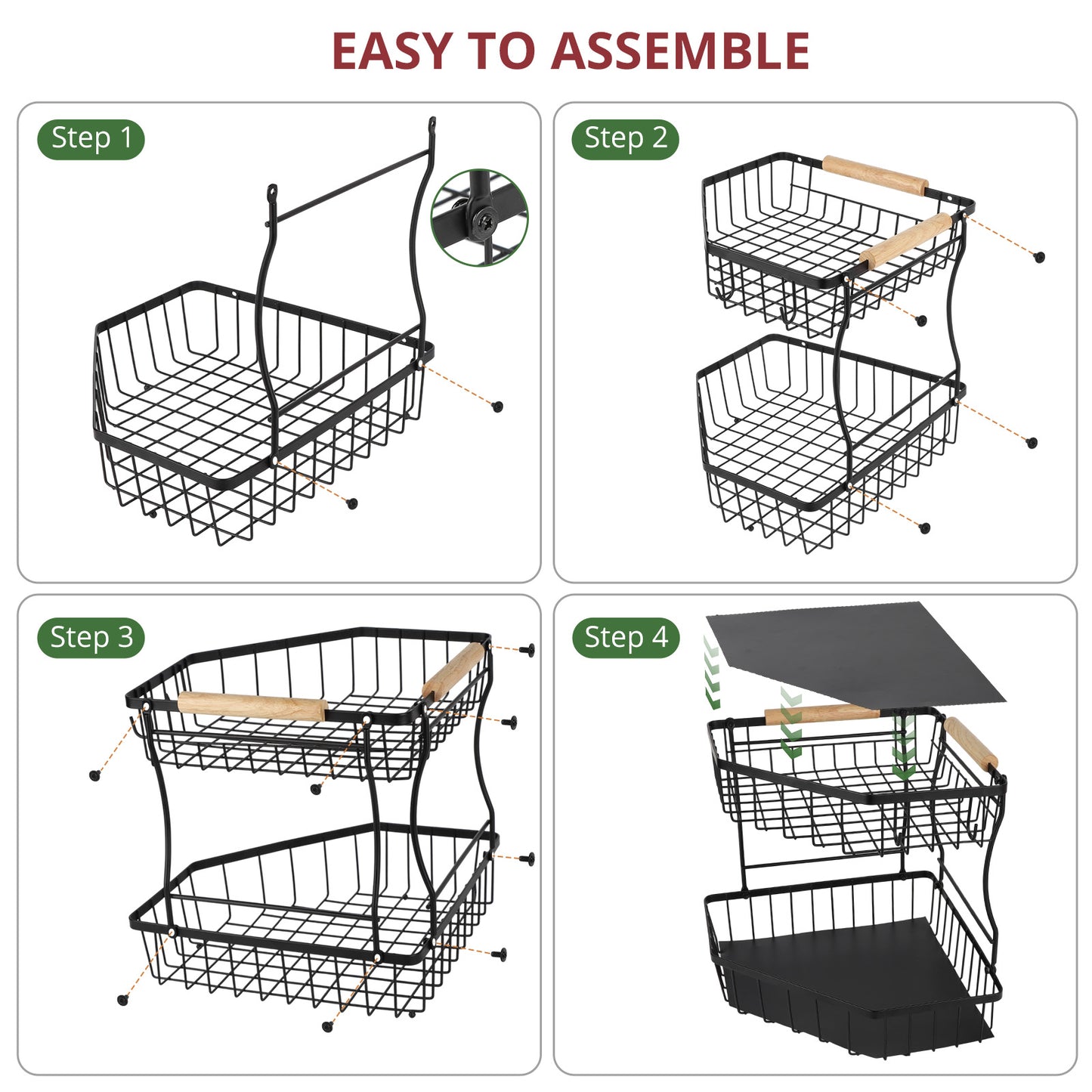 2-Tier Large Fruit Basket for Kitchen Counter with 4 Banana Hangers, Detachable Metal Fruit Bowl with Wooden Handle, Fruit Stand/Fruit Holder for Bread, Snacks, Vegetables,Produce with Protective Mat