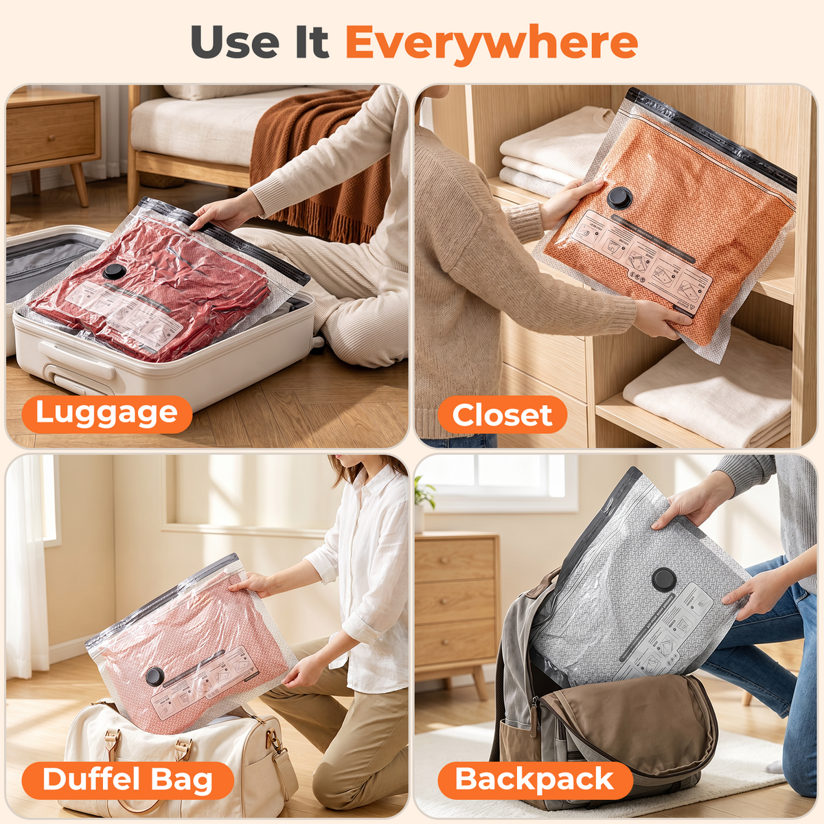 Mibote Vacuum Bags for Travel with Rechargeable Pump, 15 Combo Space Saver Compression Packing Seal Storage for Clothes Luggage