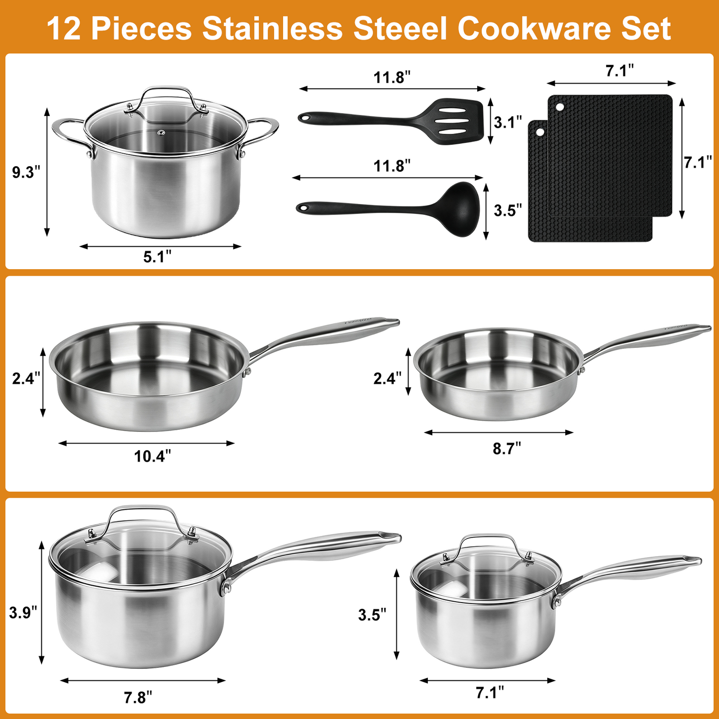 12 Pcs Stainless Steel Cookware Set, TAIMASI 3 Ply Pots and Pans Set, Induction & Oven Safe Kitchen Cookware Set, Non Toxic Kitchen Essential Cooking Set with Handle, Dishwasher Safe