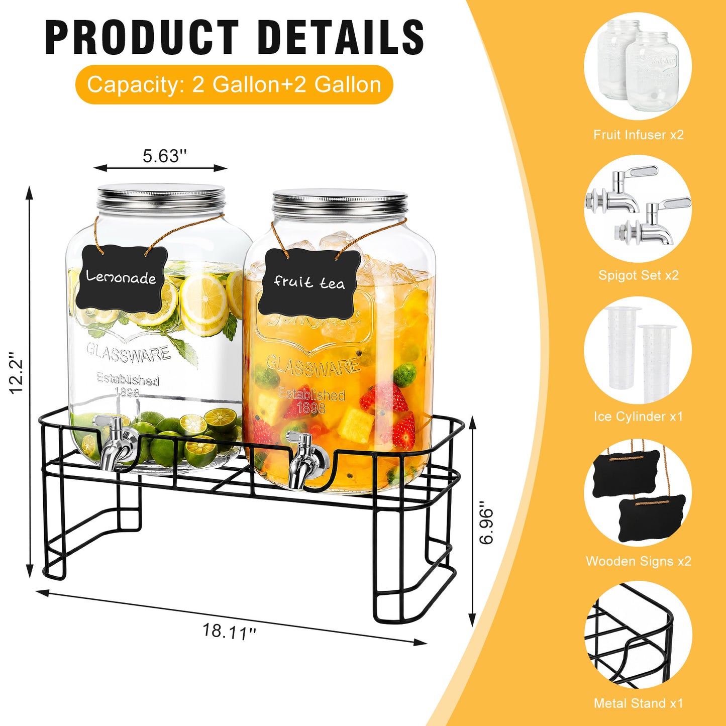 2 Gallon Drink Dispensers, TAIMASI 2 Pack Glass Beverage Dispenser with Stand & Stainless Steel Spigot for Parties, Lemonade Dispenser for Sun Tea, Picnic