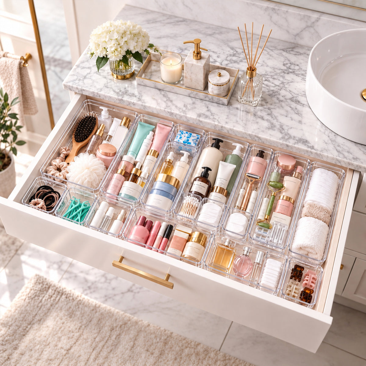 TAIMASI 72 Pcs Clear Plastic Drawer Organizer Set, 4 Sizes Desk Drawer Divider Organizers and Storage Bins for Makeup, Jewelry, Gadgets for Kitchen, Bedroom, Bathroom, Office