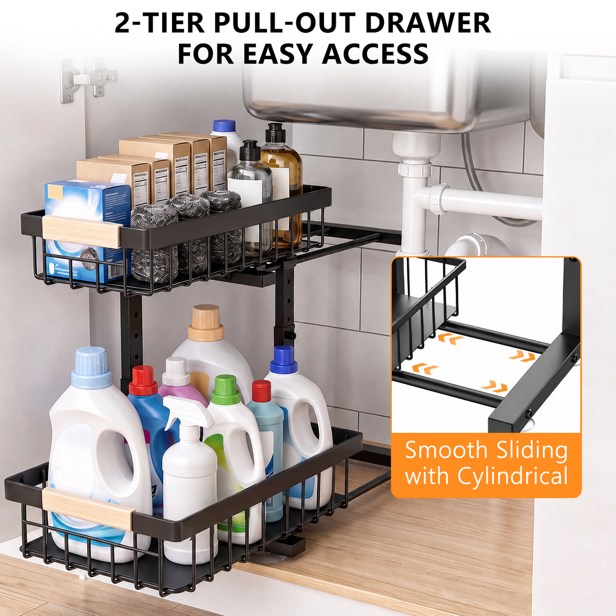 TAIMASI 1 Pack Under Sink Organizers and Storage, 2-Tier Pull Out Cabinet Organizer with Sliding Drawer, Adjustable Height Metal Bathroom Sink Organizer for Kitchen Pantry Closet, Black