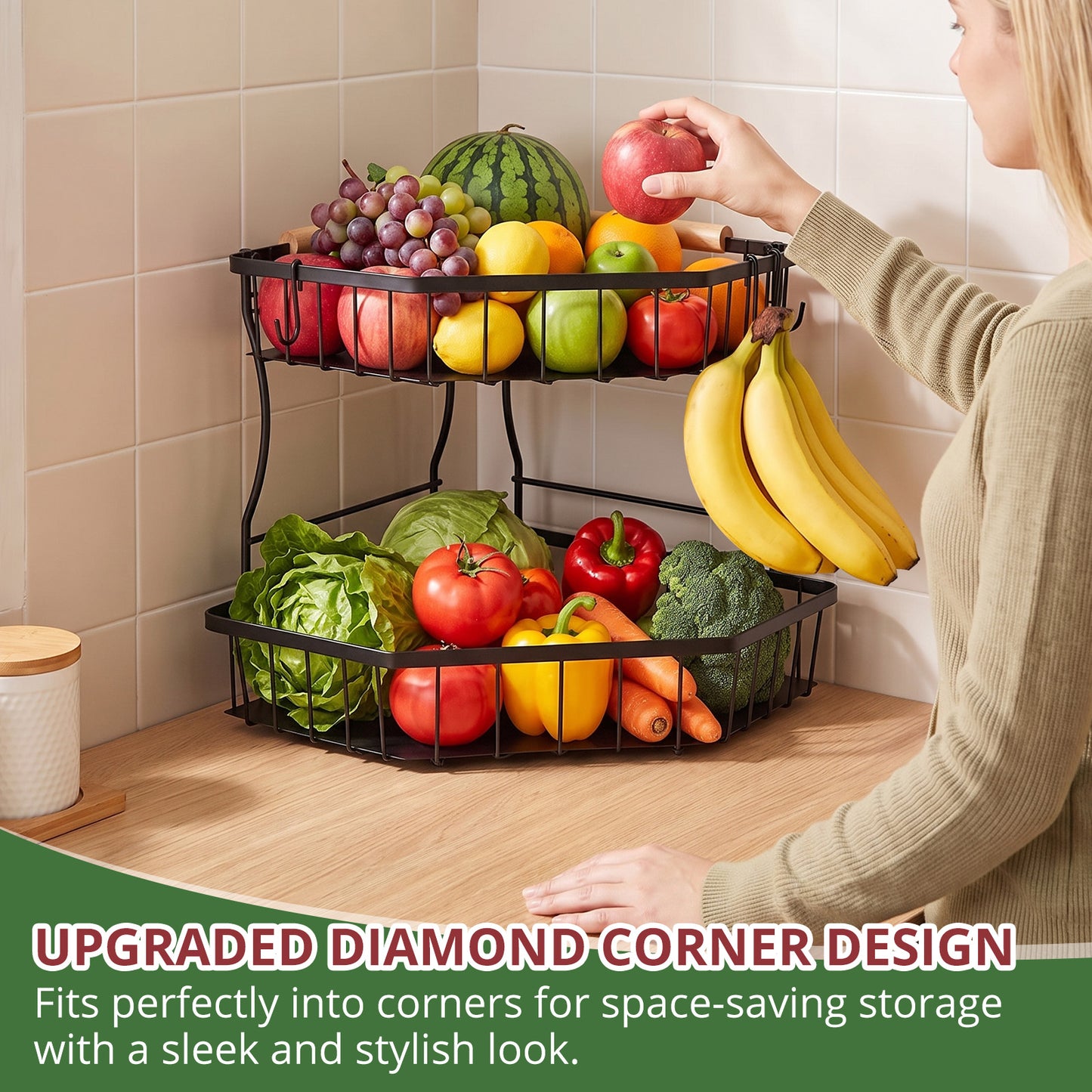 2-Tier Large Fruit Basket for Kitchen Counter with 4 Banana Hangers, Detachable Metal Fruit Bowl with Wooden Handle, Fruit Stand/Fruit Holder for Bread, Snacks, Vegetables,Produce with Protective Mat