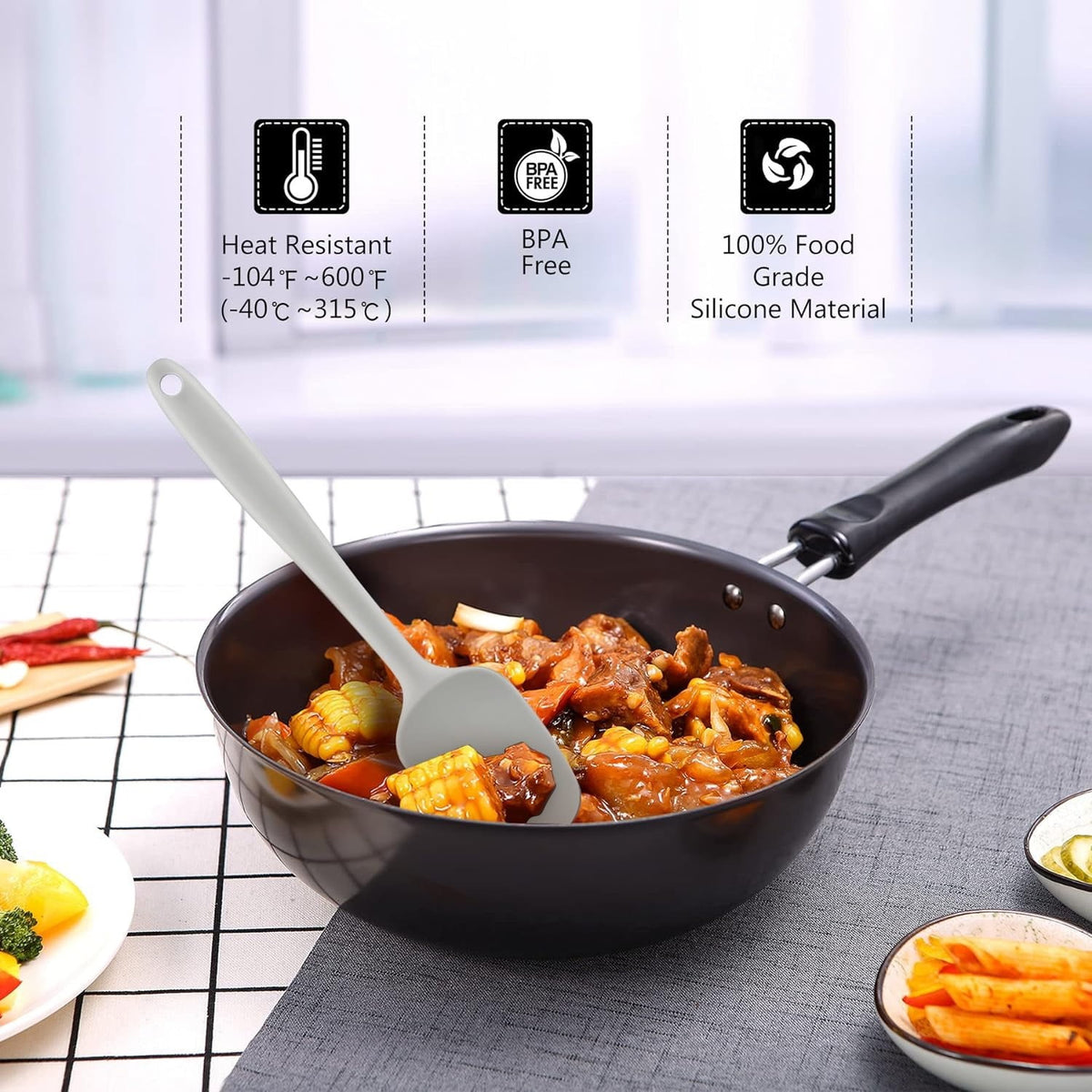 Food Grade Silicone Rubber Spatula Set, 5 Pcs BPA-Free Kitchen Cooking Baking Mixing Utensil Sets, High Heat Resistant Non Stick Dishwasher- Khaki