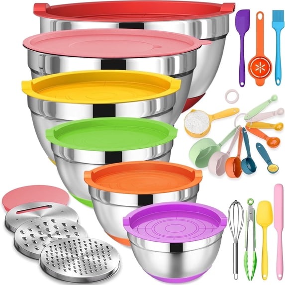 Mixing Bowls with Airtight Lids, AOKIWO 32Pcs Stainless Steel Nesting Non-Slip Bottoms Mixing Serving Bowls Set wtih 3 Grater & Tools Gadgets, 7/4/2.5/2/1.5/1QT Metal Salad Bowls for Serving Preppi