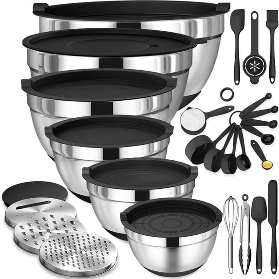 Mixing Bowls with Airtight Lids, AOKIWO 32Pcs Stainless Steel Nesting Non-Slip Bottoms Mixing Serving Bowls Set wtih 3 Grater & Tools Gadgets, 7/4/2.5/2/1.5/1QT Metal Salad Bowls for Serving Preppi