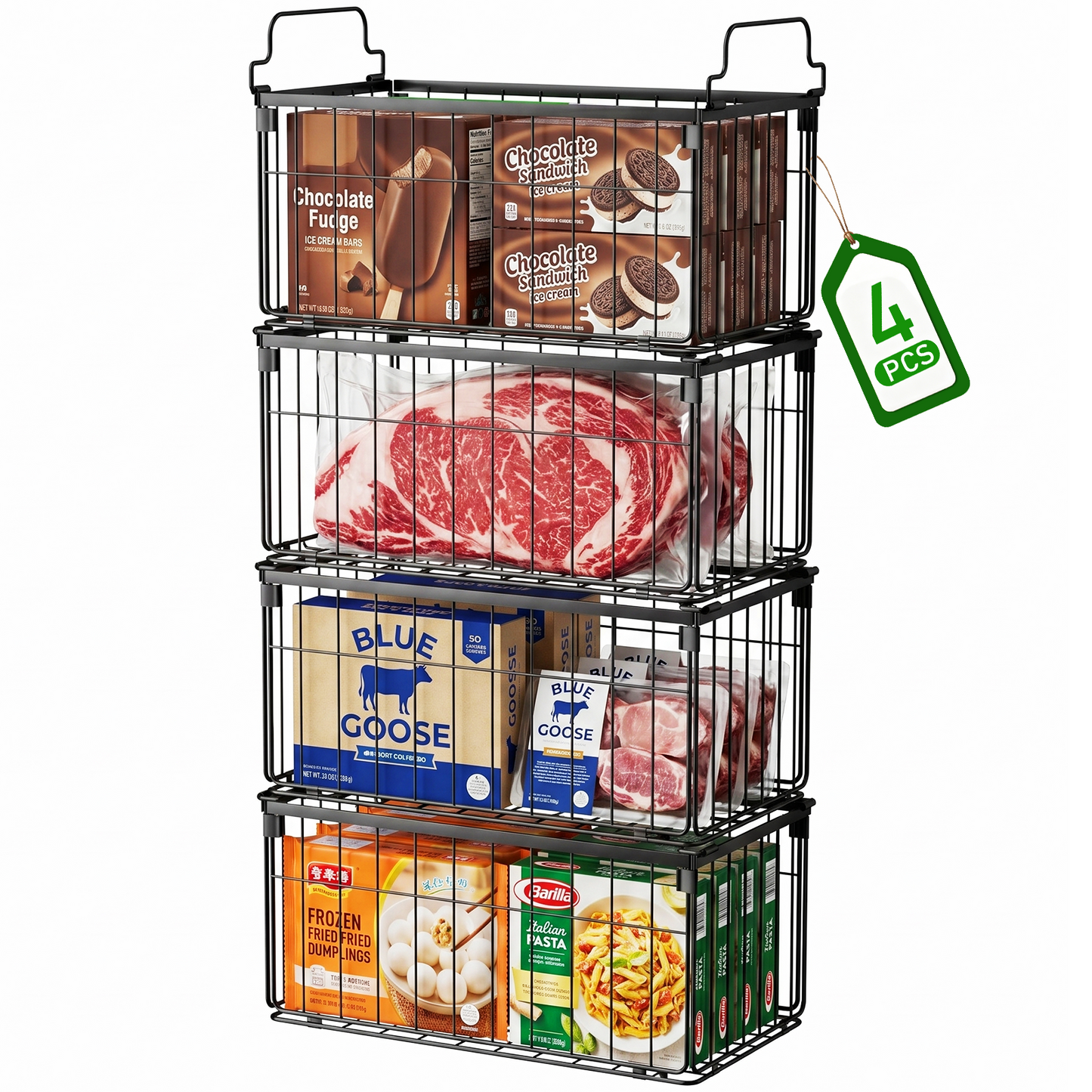 Freezer Organizer Bins, TAIMASI 4 Pack Stackable Deep Chest Freezer Baskets with Foldable Handles, Coated Metal Storage Containers for 3.5-7 Cu.FT Deep Freezer, Frozen Meats Food Organization