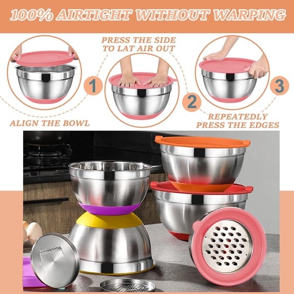 Mixing Bowls with Airtight Lids, AOKIWO 32Pcs Stainless Steel Nesting Non-Slip Bottoms Mixing Serving Bowls Set wtih 3 Grater & Tools Gadgets, 7/4/2.5/2/1.5/1QT Metal Salad Bowls for Serving Preppi