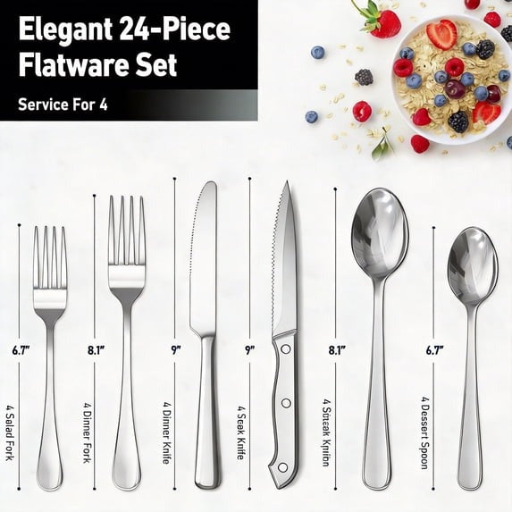AOKIWO 24PCS Silverware Set with Steak Knives, Stainless Steel Mirror Polished Forks Spoons Flatware