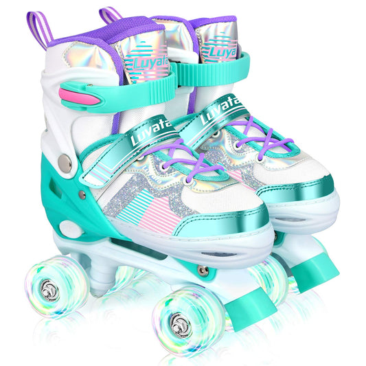 Roller Skates for Girls Boys Adjustable, 4 Size Ages 3-12 , Kids Roller Skates with Light Up 8 Shining Wheels, 3 Color Shining Roller Skates for Toddlers Boys Girls Beginners(Size 10C - 13C US)