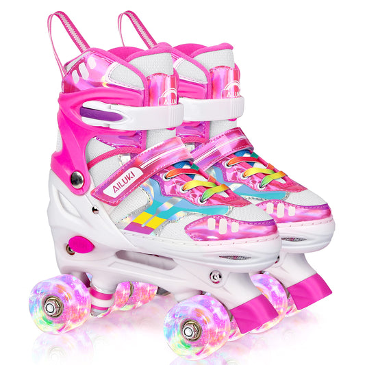 Roller Skates for Girls and Boys,4 Size Adjustable Kids Toddler Roller Skates with Light up Wheels for Toddlers Children Outdoor Indoor / Pink/L