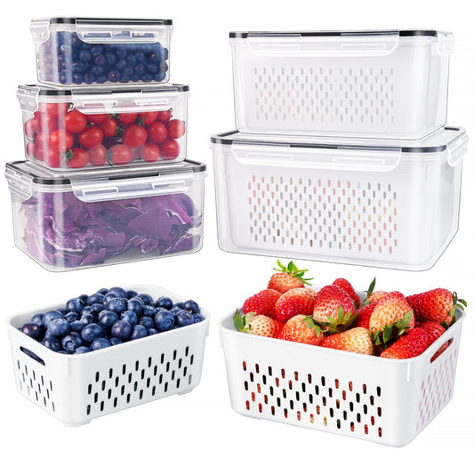 5 PCS Large Fruit Containers for Fridge - Leakproof Food Storage Containers with Removable Colander - Dishwasher & microwave safe Produce Containers Keep Fruits, Vegetables, Berry, Meat Fresh longer