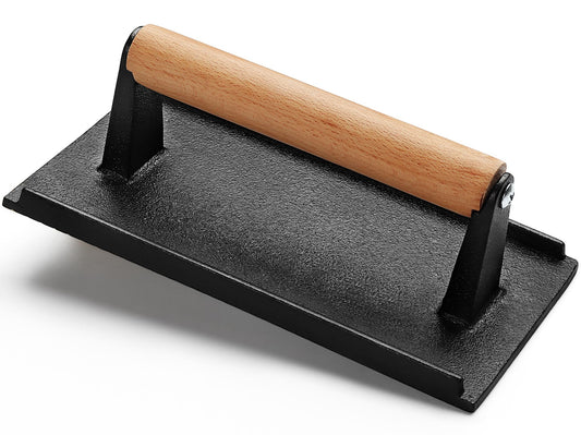 Burger Press, 8.2" X 4.3" Rectangle Heavy-Duty Cast Iron Smash Bacon Press Meat Steak with Wood Handle for Griddle, Sandwich, Nonstick Pan