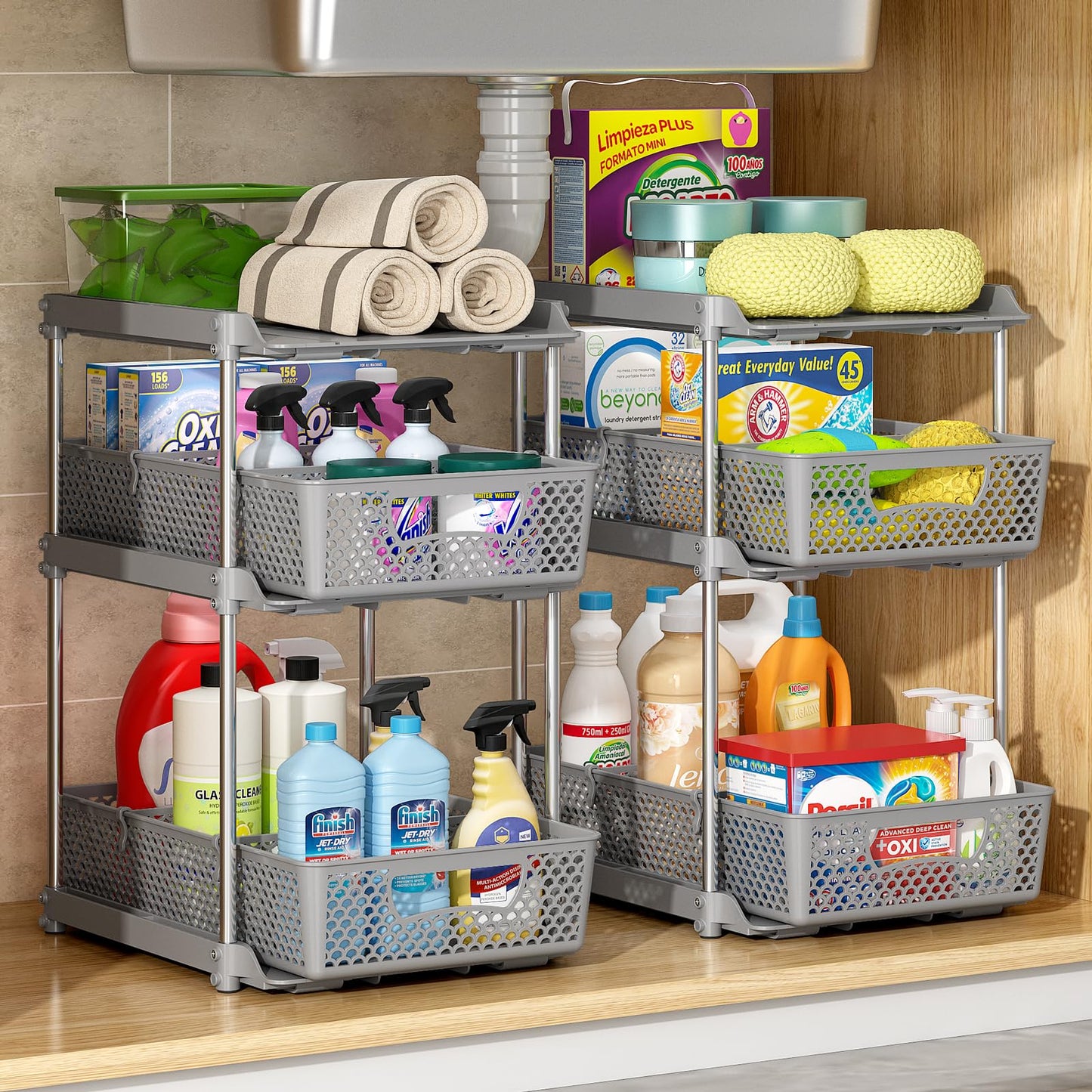 2 Pcs 3 Tier Bathroom Organizers and Storage, Pull Out Under Sink Organizer with Dividers, Kitchen Pantry Organizers and Storage, Bathroom Storage Cabinet - Grey