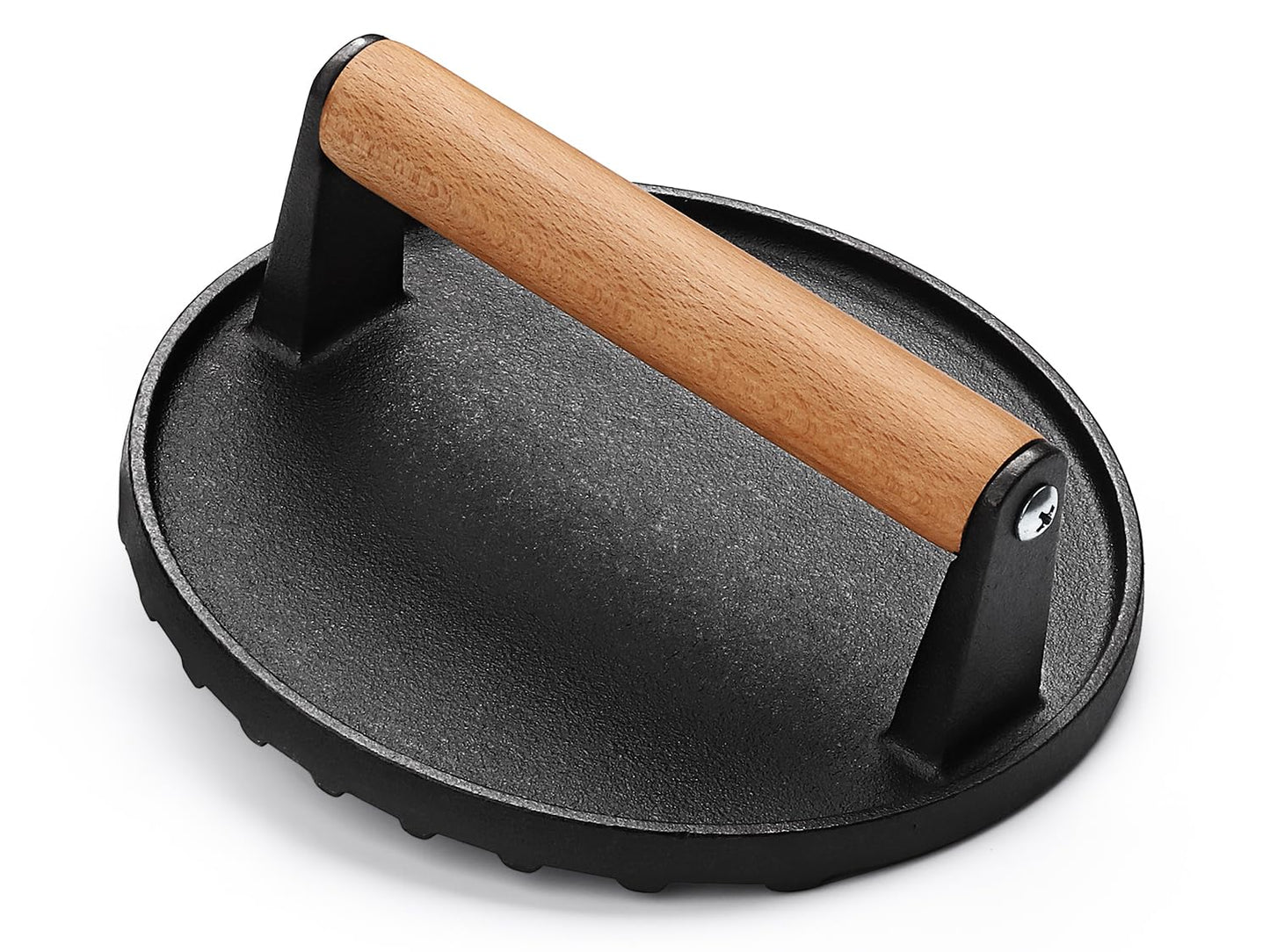 Burger Press, 7" Round Heavy-Duty Cast Iron Smash Bacon Press Meat Steak with Wood Handle for Griddle, Sandwich, Nonstick Pan