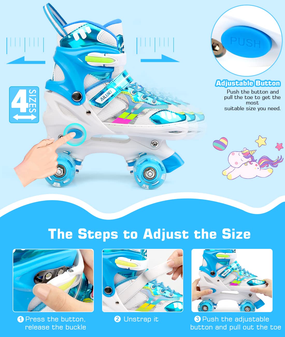 Roller Skates for Girls and Boys,4 Size Adjustable Kids Toddler Roller Skates with Light up Wheels for Toddlers Children Outdoor Indoor / Blue/M