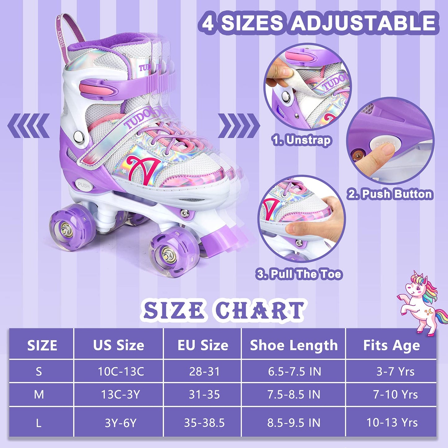 Roller Skates for Kids, Shine Skates 4 Size Adjustable Roller Skates with Light up Wheels for Girls, Teens, Outdoor Rollerskates for Beginners & Advanced