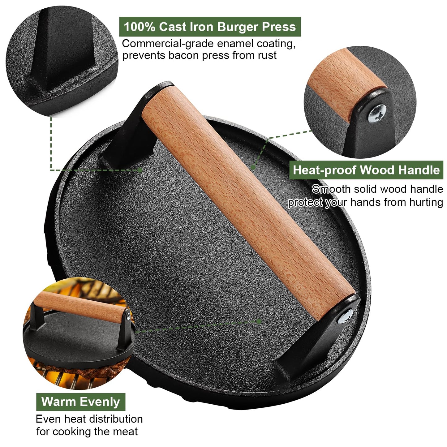 Burger Press, 7" Round Heavy-Duty Cast Iron Smash Bacon Press Meat Steak with Wood Handle for Griddle, Sandwich, Nonstick Pan