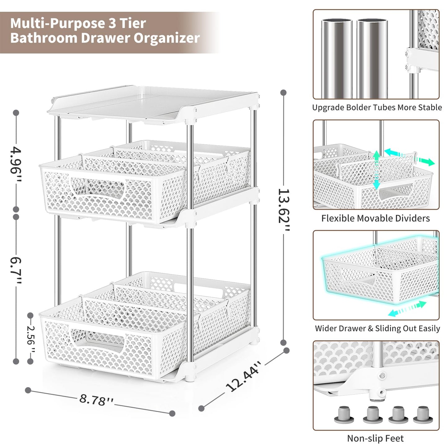 2 Pcs 3 Tier Bathroom Organizers and Storage, Pull Out Under Sink Organizer with Dividers, Kitchen Pantry Organizers and Storage, Bathroom Storage Cabinet - White