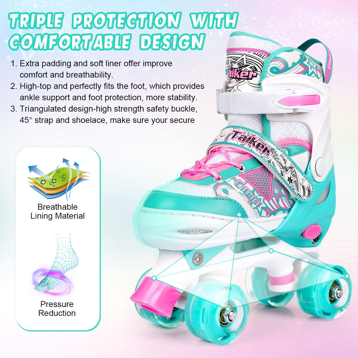 Roller Skates for Girls Boys Kids Toddler, 4 Sizes Adjustable Kids Roller Skates Outdoor Indoor with Light up Wheels