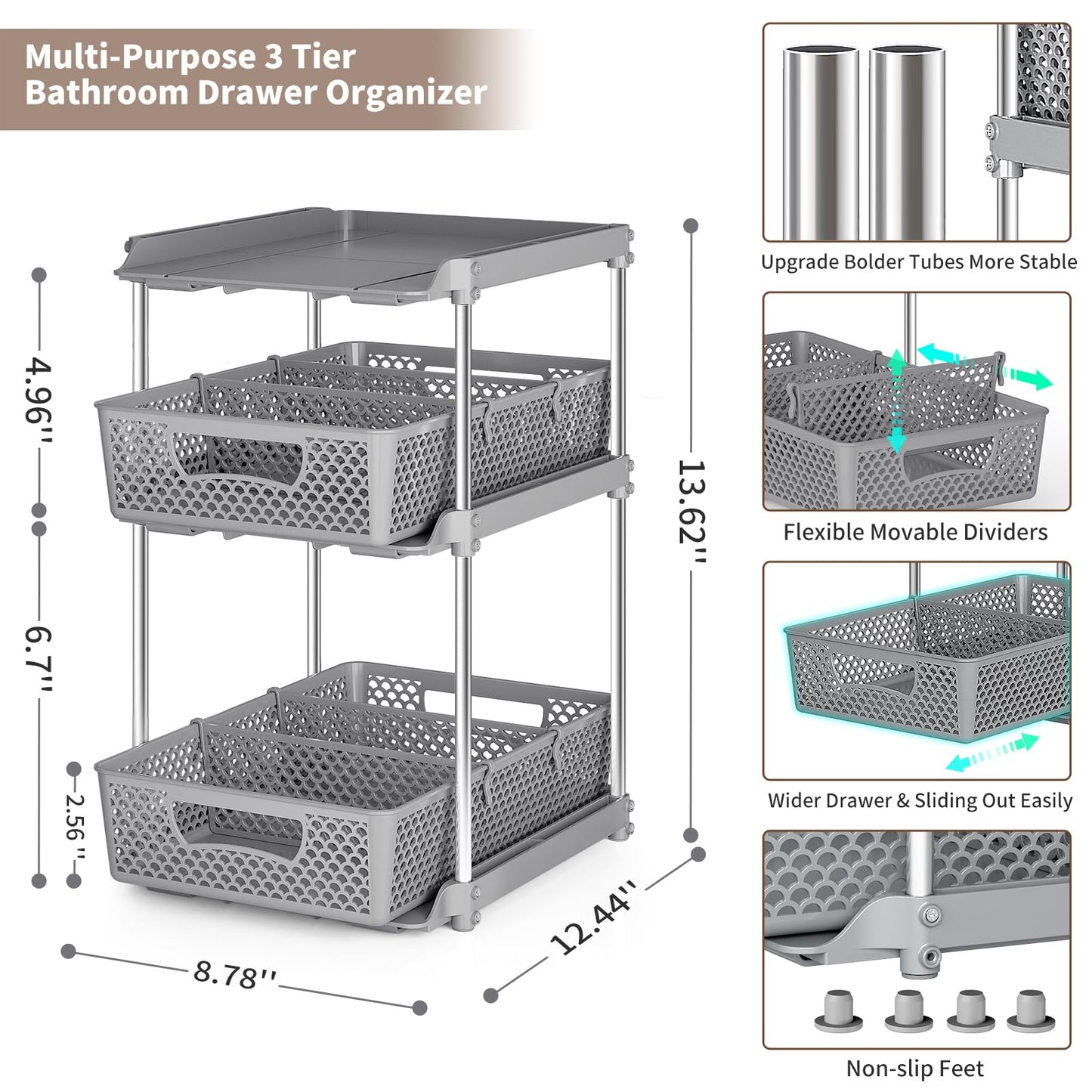 2 Pcs 3 Tier Bathroom Organizers and Storage, Pull Out Under Sink Organizer with Dividers, Kitchen Pantry Organizers and Storage, Bathroom Storage Cabinet - Grey