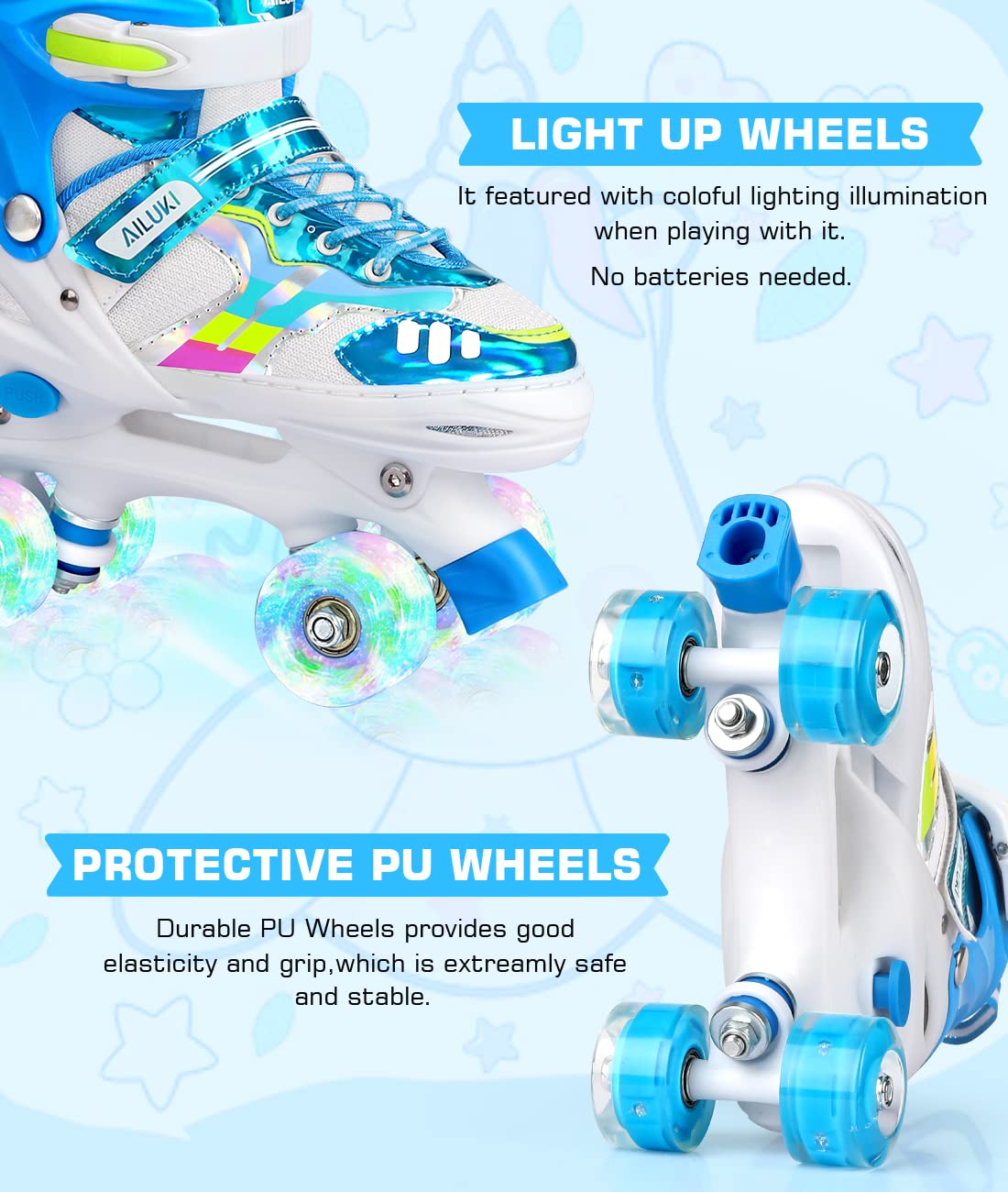 Roller Skates for Girls and Boys,4 Size Adjustable Kids Toddler Roller Skates with Light up Wheels for Toddlers Children Outdoor Indoor / Blue/M