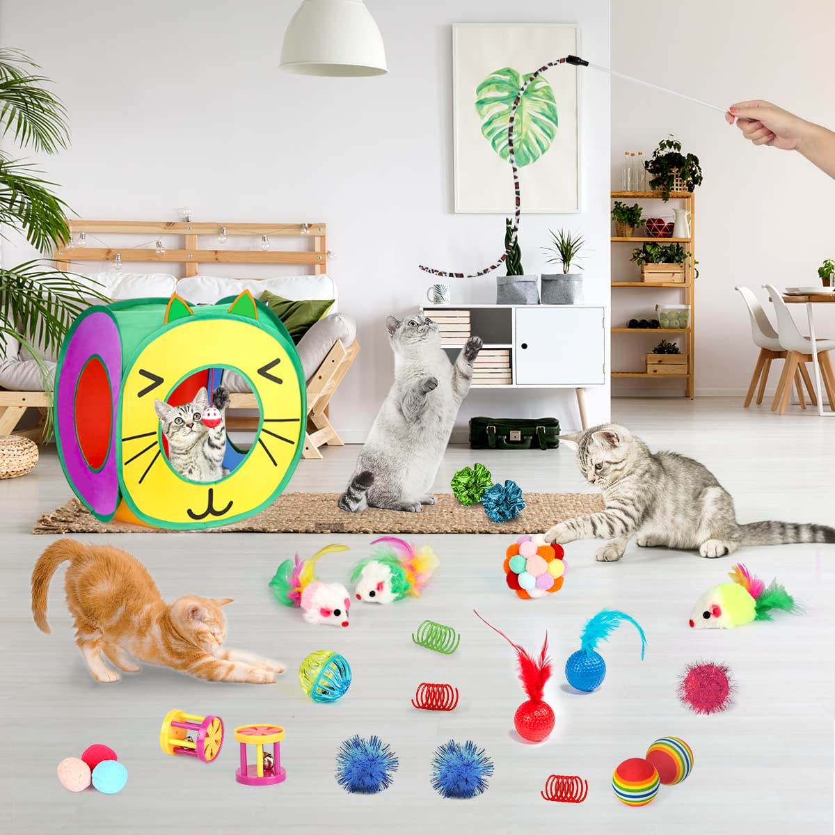 37 PCS Cat Toys, Interactive Kitten Toys for Indoor Kitty, Variety Catnip Toy Set Including Collapsible Cat Tunnel Tube Tent, Cat Feather Teaser Wand, Cat Bell, Fuzzy Ball, Spring, Mouse Toy