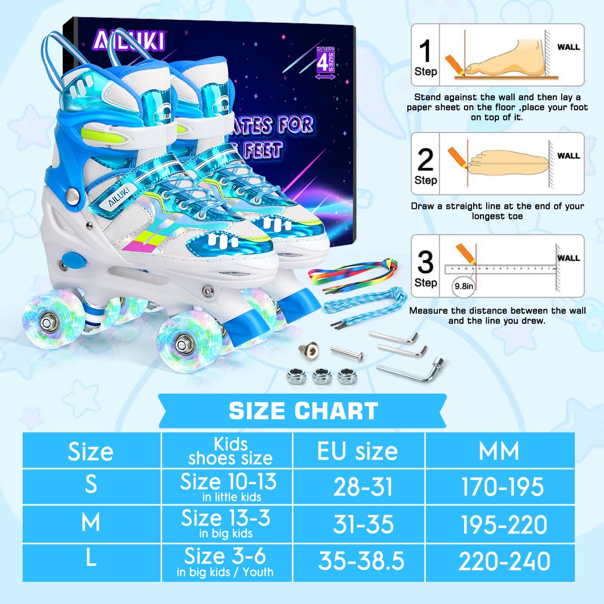 Roller Skates for Girls and Boys,4 Size Adjustable Kids Toddler Roller Skates with Light up Wheels for Toddlers Children Outdoor Indoor / Blue/M