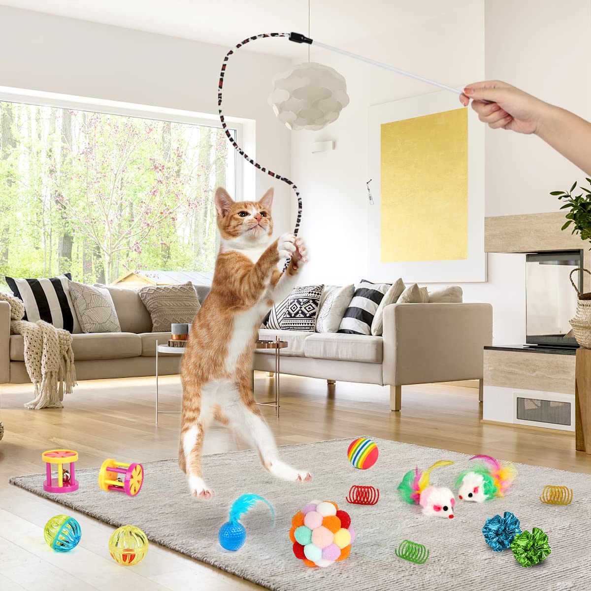 37 PCS Cat Toys, Interactive Kitten Toys for Indoor Kitty, Variety Catnip Toy Set Including Collapsible Cat Tunnel Tube Tent, Cat Feather Teaser Wand, Cat Bell, Fuzzy Ball, Spring, Mouse Toy