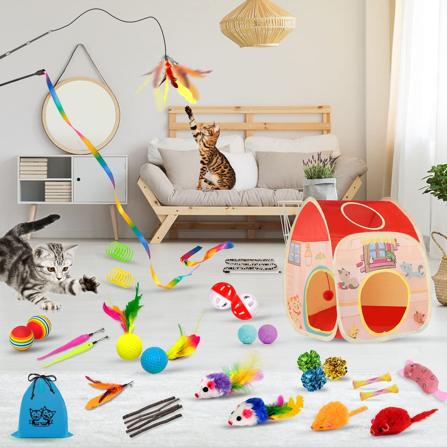 34Pcs Cat Toys Kitten Toys,Interactive Cat Toys Set with Collapsible Cat Tunnels Tent for Indoor Cats,Retractable Cat Wand Toys Catnip Toys Cat Feather Teaser Fluffy Mouse Crinkle Balls for Cat,Kitty